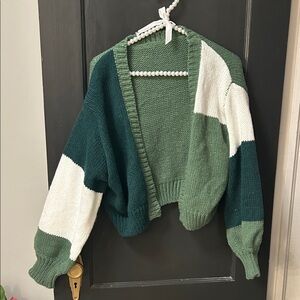 SHEIN Green and White Color Block Cardigan